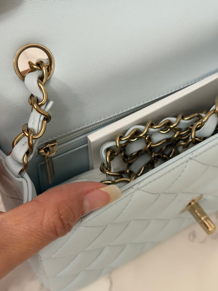 CHANEL 25S collection 2025 Light Baby Blue Lambskin LGHW Mini Rectangular Flap Bag