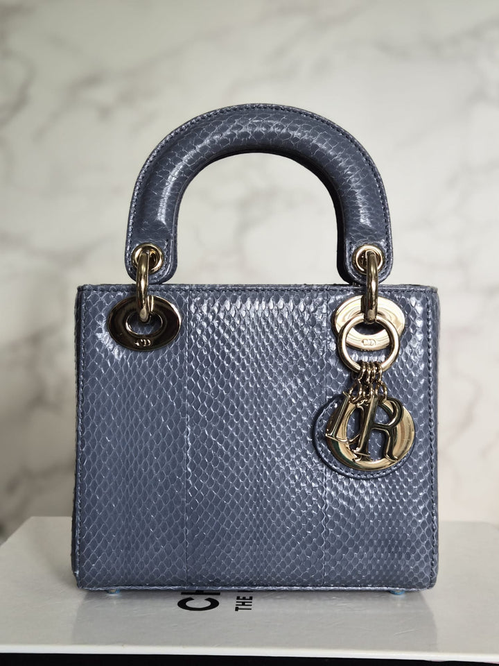 DIOR Lady Dior MINI in Blue Grey Python Leather LGHW 2020