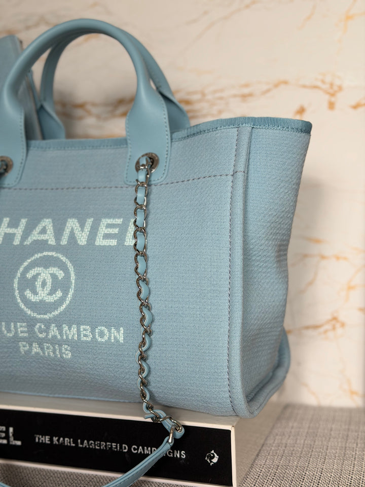 CHANEL Blue Tweed Deauville Tote Bag size SMALL with leather top handle SHW 2022