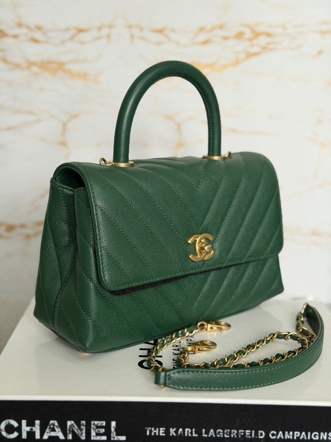 CHANEL series 26 Forrest Dark Green Caviar Chevron Aged GHW Coco Handle Size SMALL 24 cms 2018