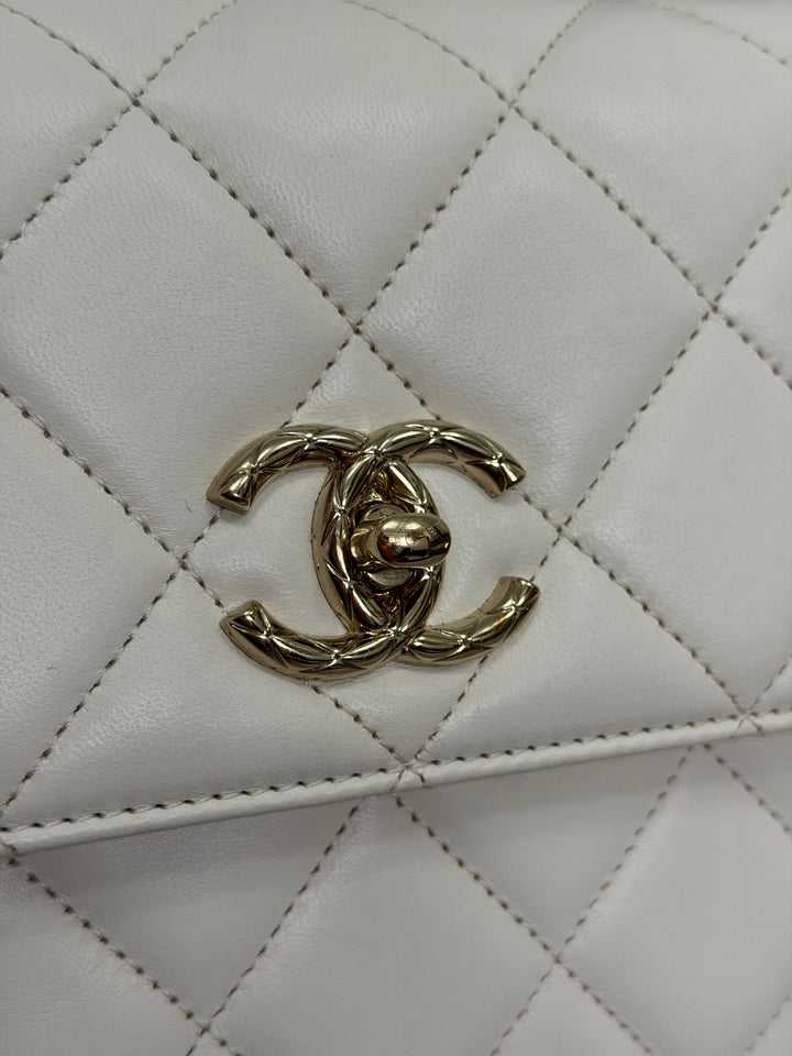 CHANEL 23S collection 2023 White Lambskin LGHW Trendy CC Flap Bag size Small with raised CHANEL Engraved Plate Top Handle