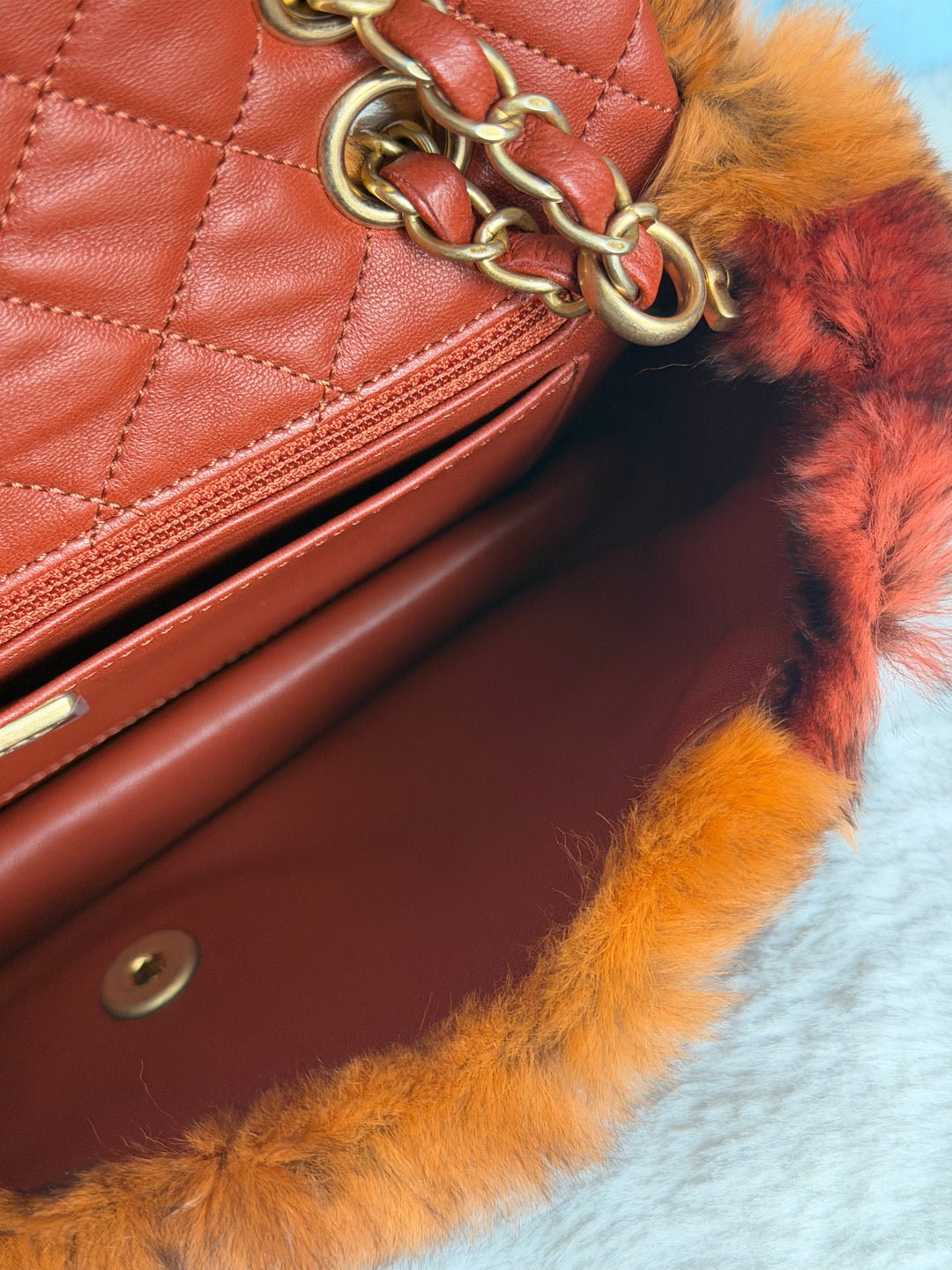 CHANEL series 28 Orylag Red Orange Navy Fur Flap Bag with GHW Medium Single Flap Bag 2018