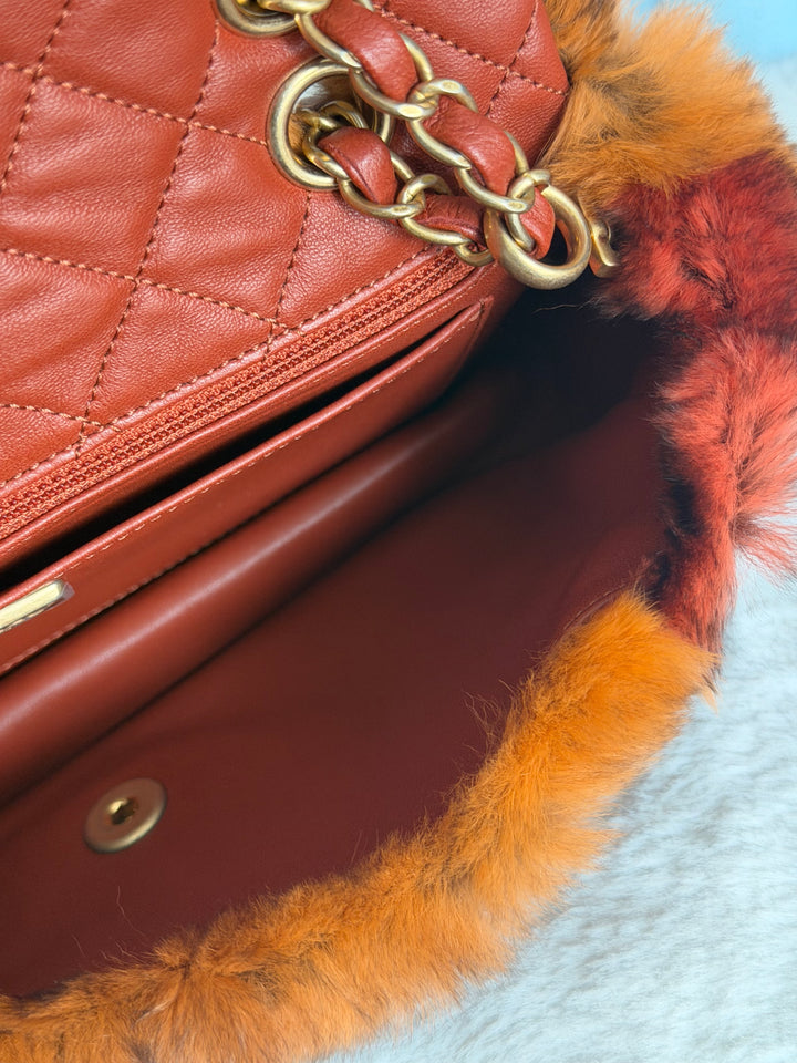 CHANEL series 28 Orylag Red Orange Navy Fur Flap Bag with GHW Medium Single Flap Bag 2018