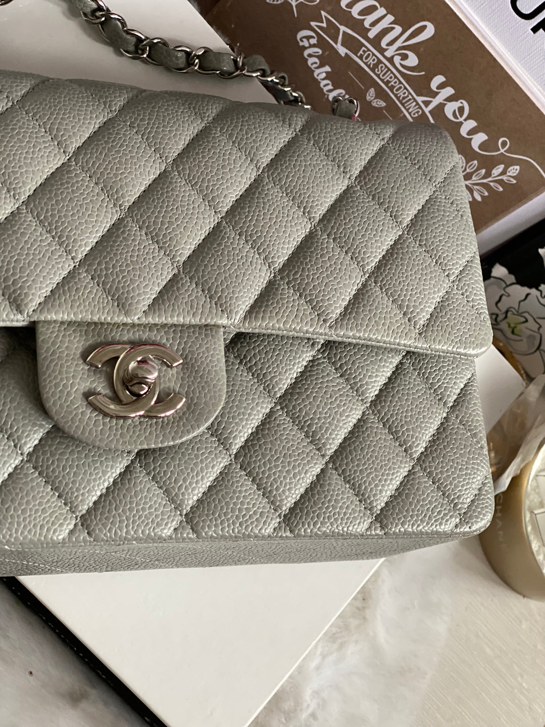 CHANEL series 19 Grey Caviar SHW Medium ML Double Flap Bag 14B collection 2014