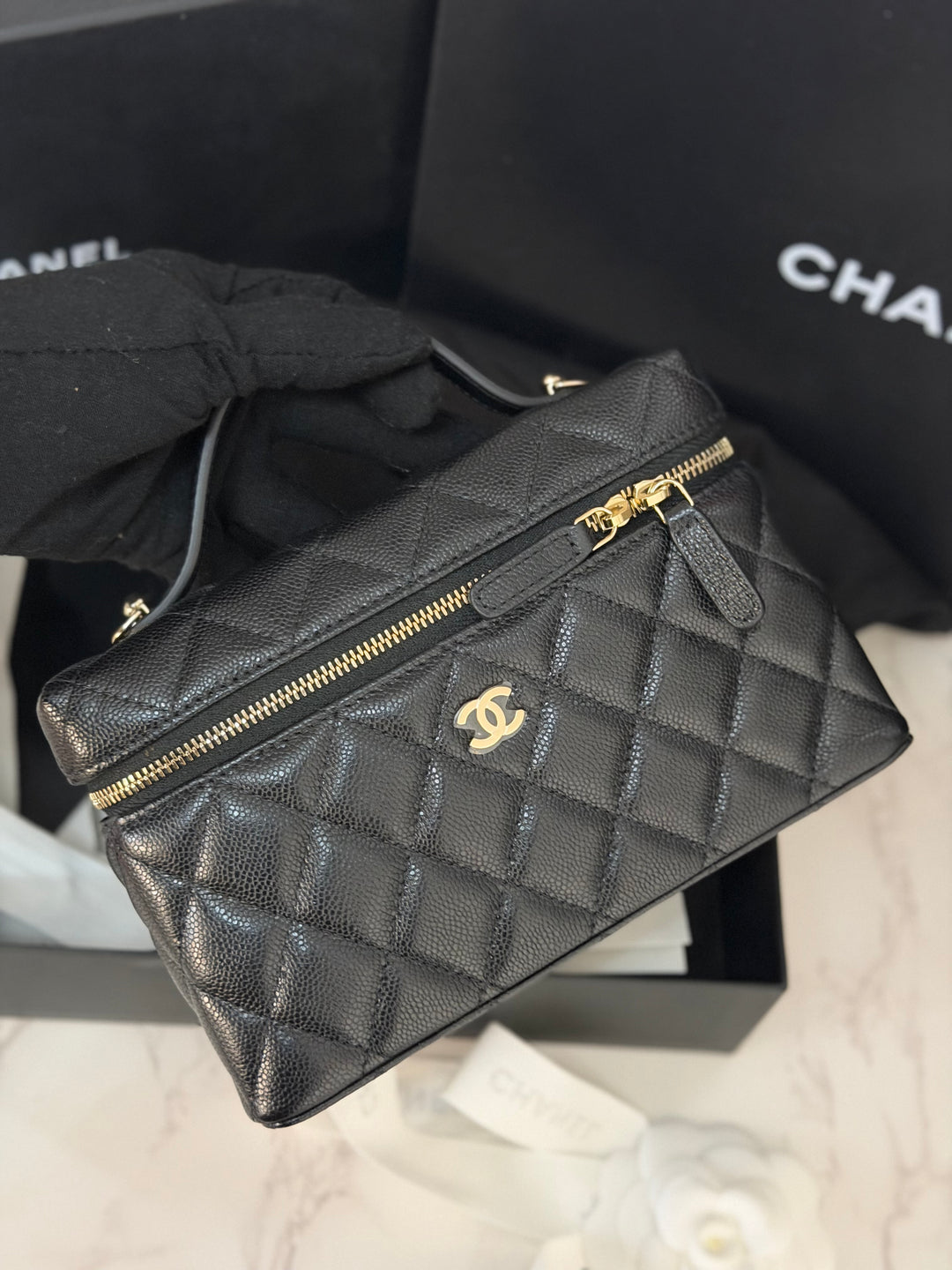 CHANEL Black Caviar LGHW Long Vanity with top handle and detachable chain