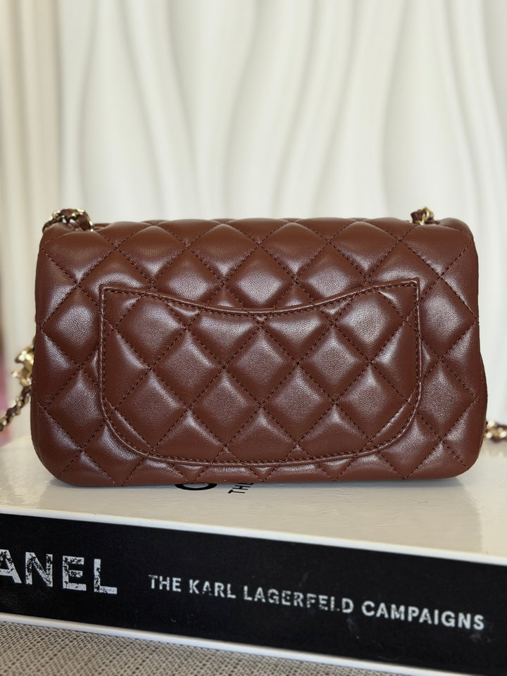 CHANEL 26S Brown Lambskin Adjustable Chain LGHW Mini Rectangular Flap Bag 2026