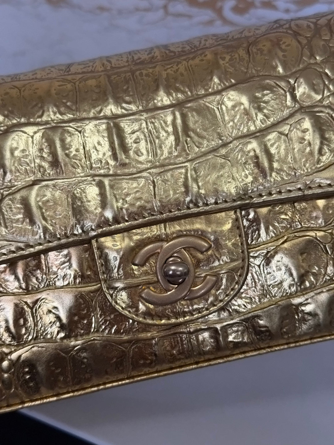 CHANEL series 28 19A Metiers d'Art collection Gold Croc Embossed Calf Skin Mini Rectangular Flap Bag with Aged GHW 2019 RARE
