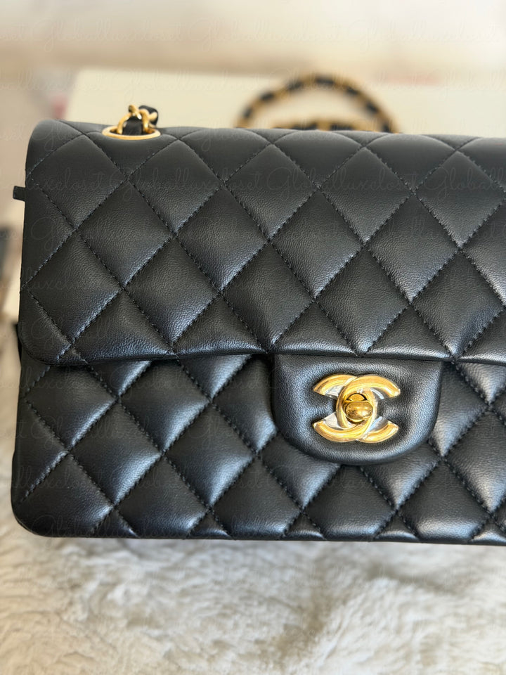 CHANEL Black Lambskin GHW SMALL Timeless Classic Double Flap Bag 2022 Microchipped