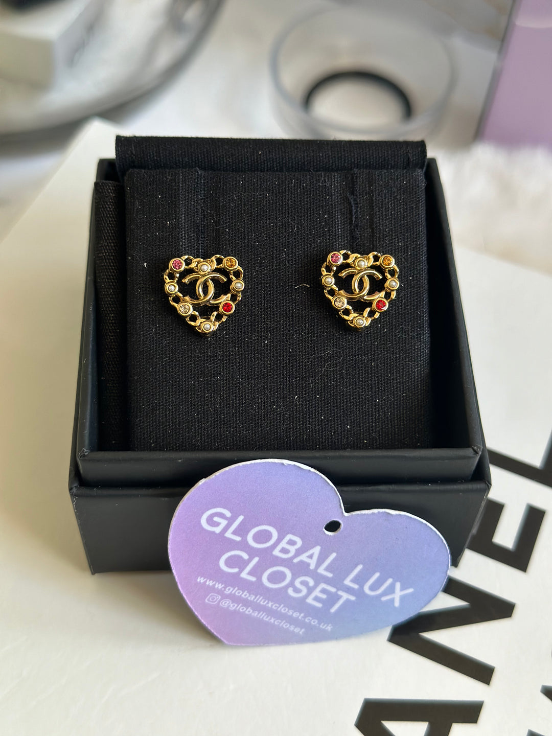 Chanel 21A Heart Multi coloured gems Gold tone earrings