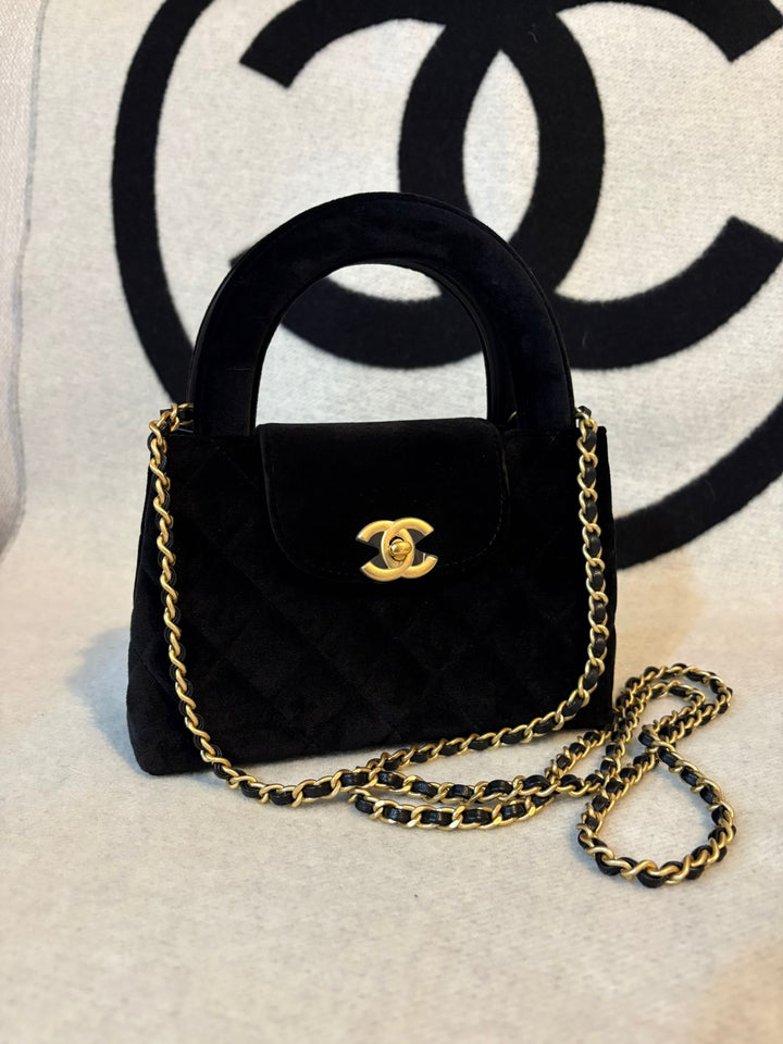 CHANEL Black Velvet Kelly Shopping Bag size SMALL aged GHW 19 cms fits iPhone pro Max 2025