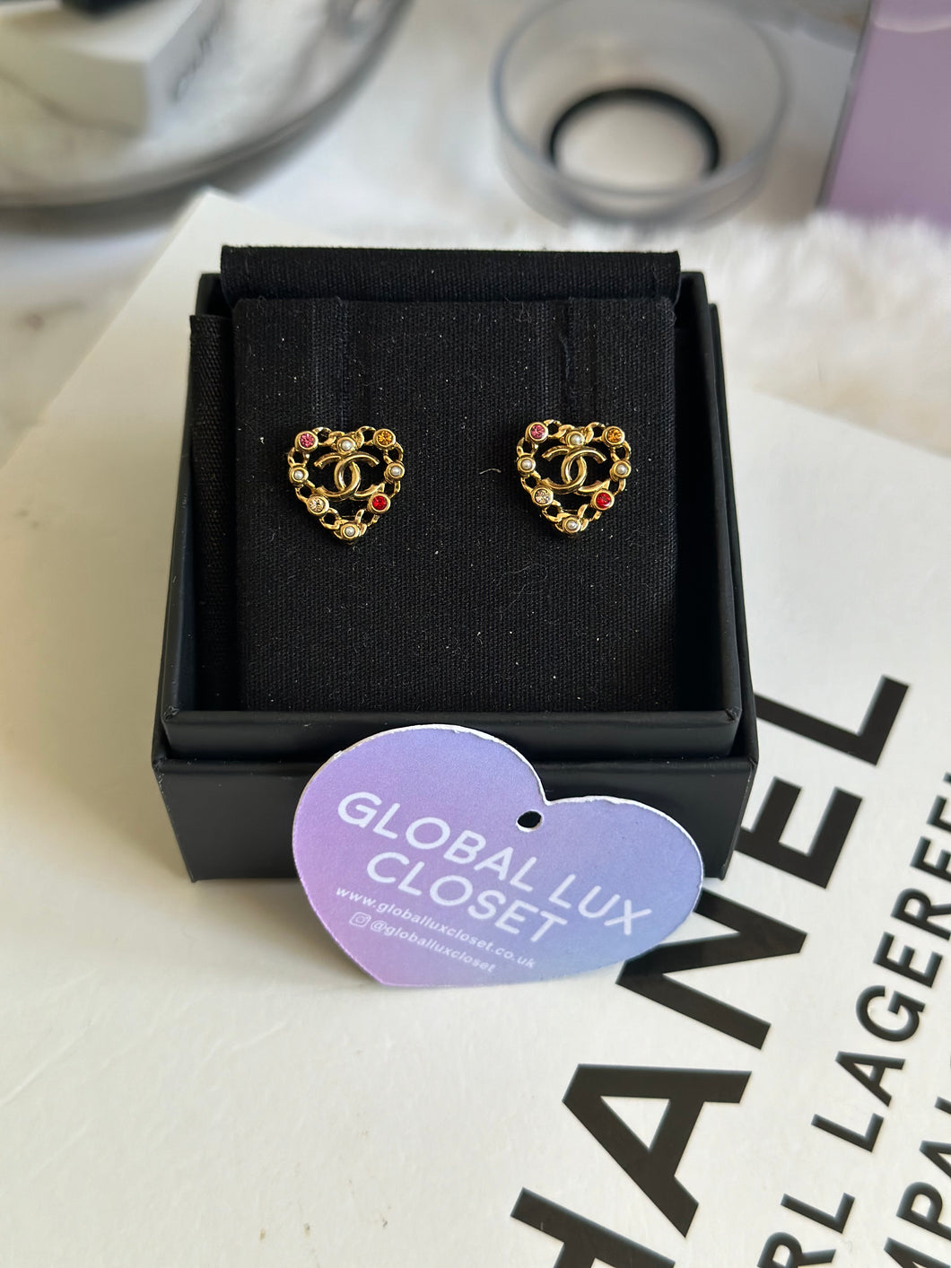 Chanel 21A Heart Multi coloured gems Gold tone earrings