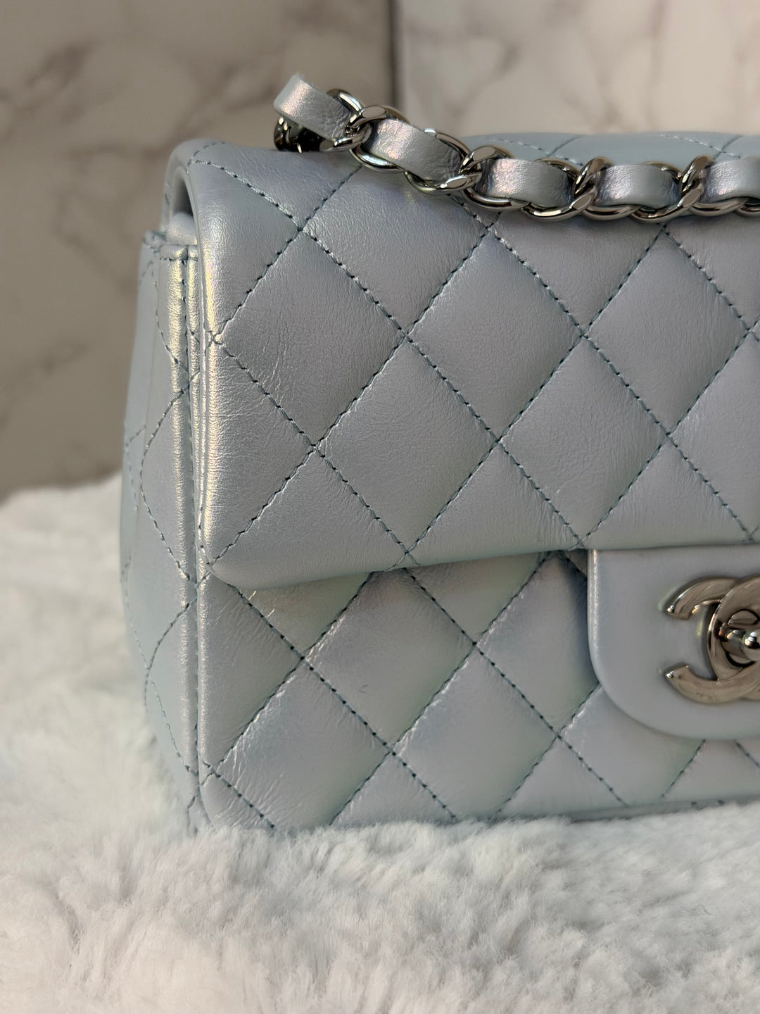 CHANEL 21K 2021 Iridescent light Blue Calf skin SHW Mini rectangular flap bag microchip