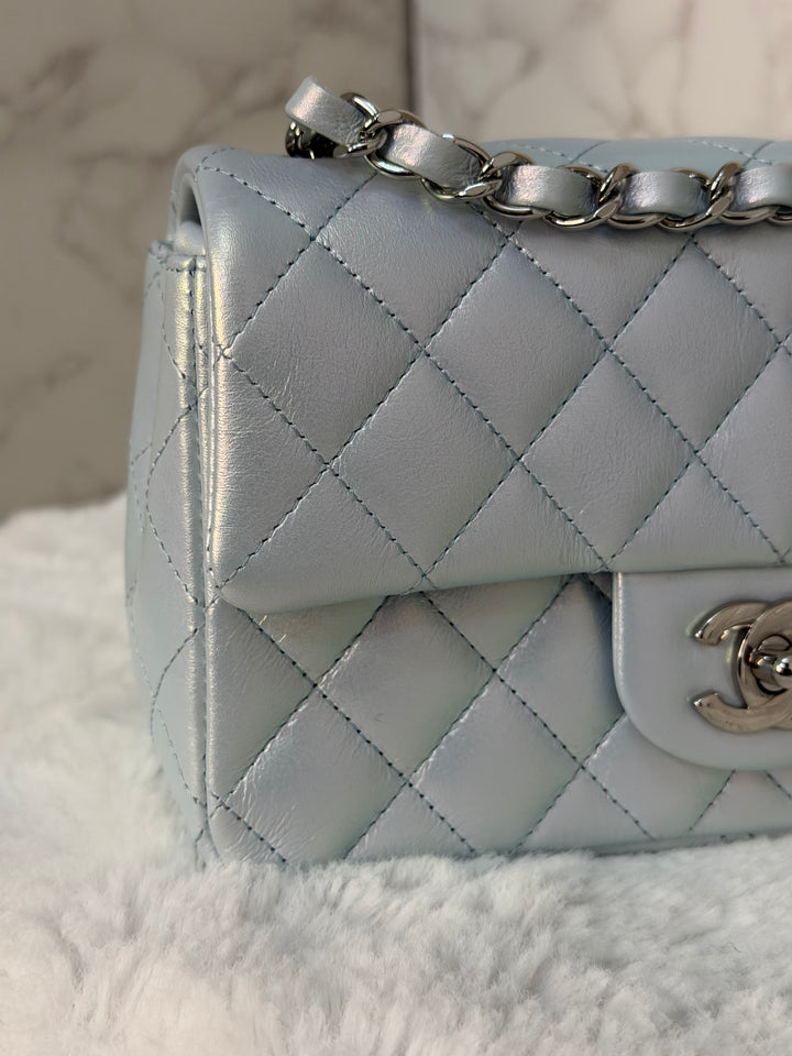 CHANEL 21K 2021 Iridescent light Blue Calf skin SHW Mini rectangular flap bag microchip