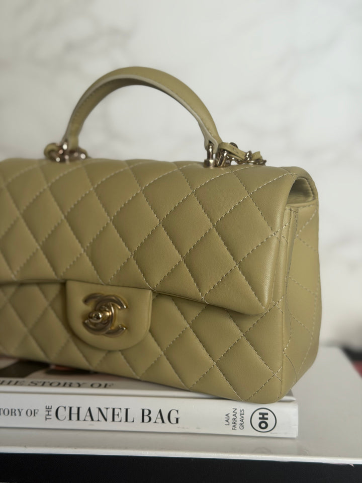 CHANEL 23A Pistachio Green Lambskin LGHW Mini Rectangular Flap Bag with Top Handle 2023