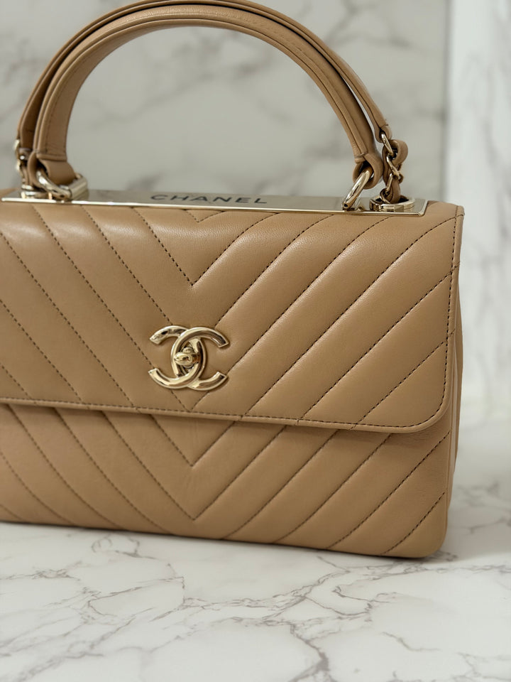 CHANEL series 27 2018 Dark Beige Lambskin LGHW Trendy CC Flap Bag size Small with Top Handle and detachable strap