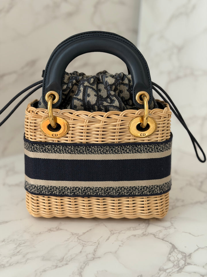 DIOR Lady Dior Wicker Bag Oblique Canvas in Black and Cream size Mini