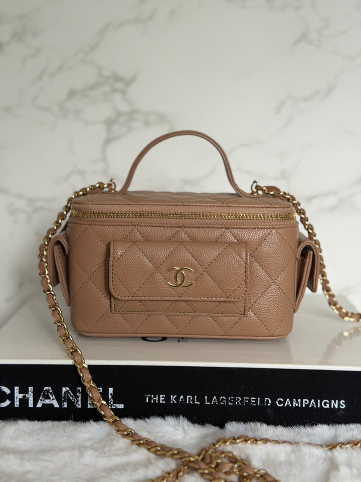 CHANEL Dark Beige Caviar Cargo Polly Pocket Vanity Case with Top Handle GHW 2023