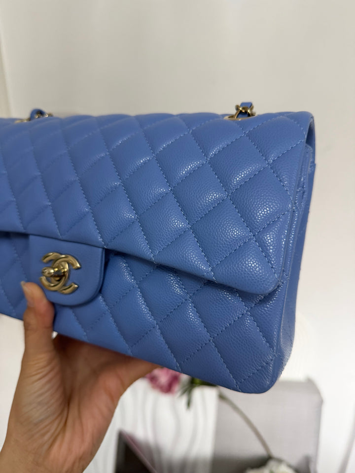 CHANEL 25C 2025 Periwinkle Blue Caviar LGHW Medium ML Timeless Classic Double Flap Bag