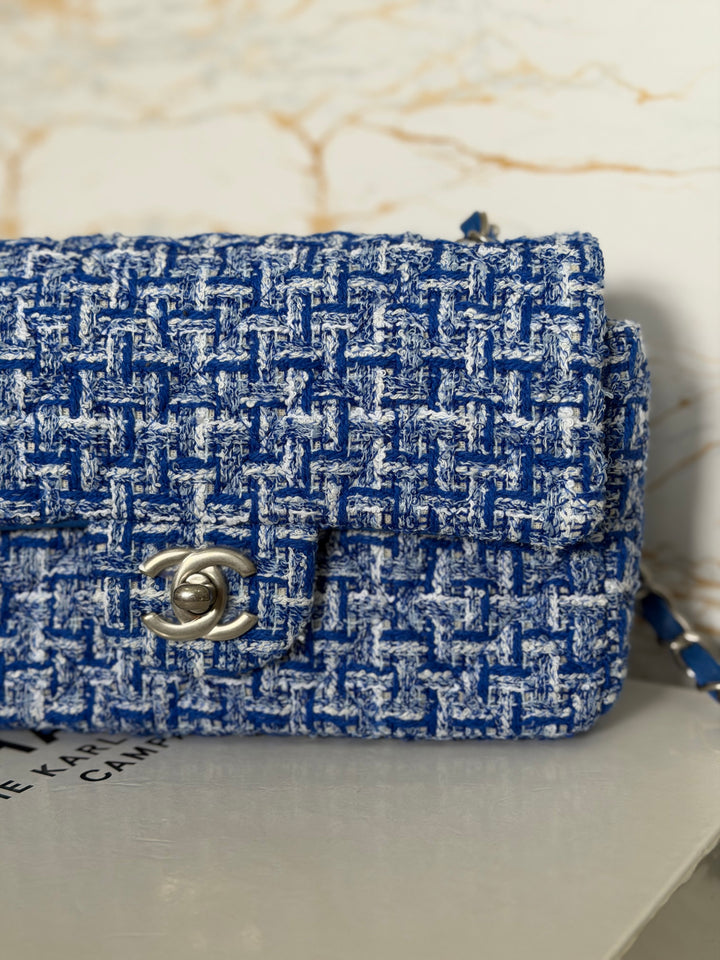 CHANEL 23P Cobalt Blue Muti Coloured Tweed Brushed SHW Mini rectangular flap bag 2023