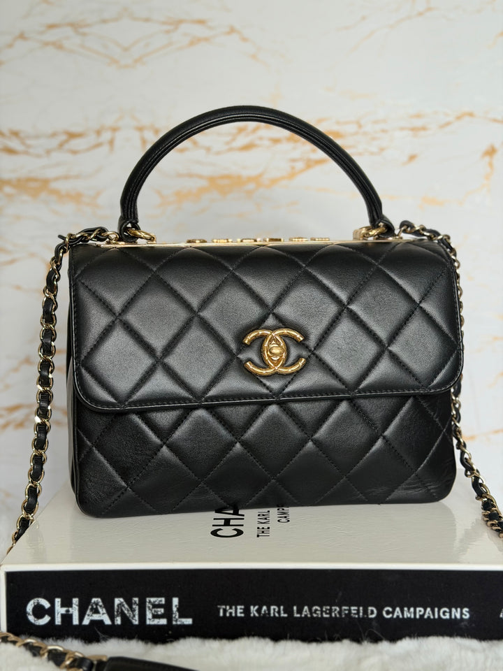 CHANEL Black Lambskin LGHW Trendy CC Flap Bag size SMALL with Non detachable Shoulder strap 2023