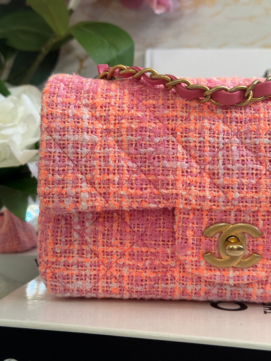 Chanel 24C 2024 Cruise Collection Tweed Pink Orange White Mini Rectangular Flap Bag with Aged GHW
