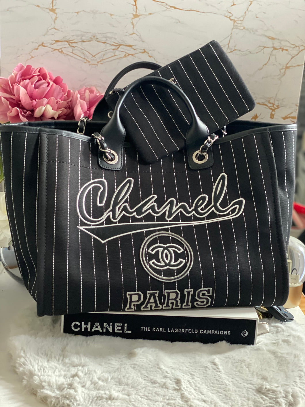 Chanel 23P 2023 Pre Spring/Summer collection in Black/White Stripe Canvas Deauville Tote with Top Handle and detachable pouch size Medium (15 inches)