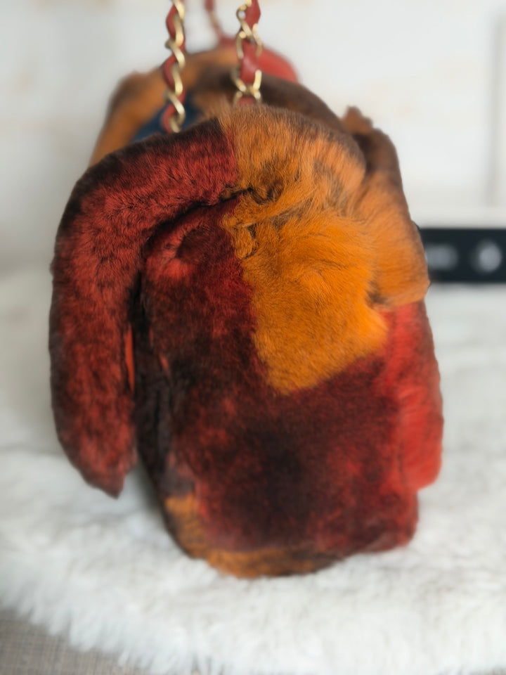 CHANEL series 28 Orylag Red Orange Navy Fur Flap Bag with GHW Medium Single Flap Bag 2018