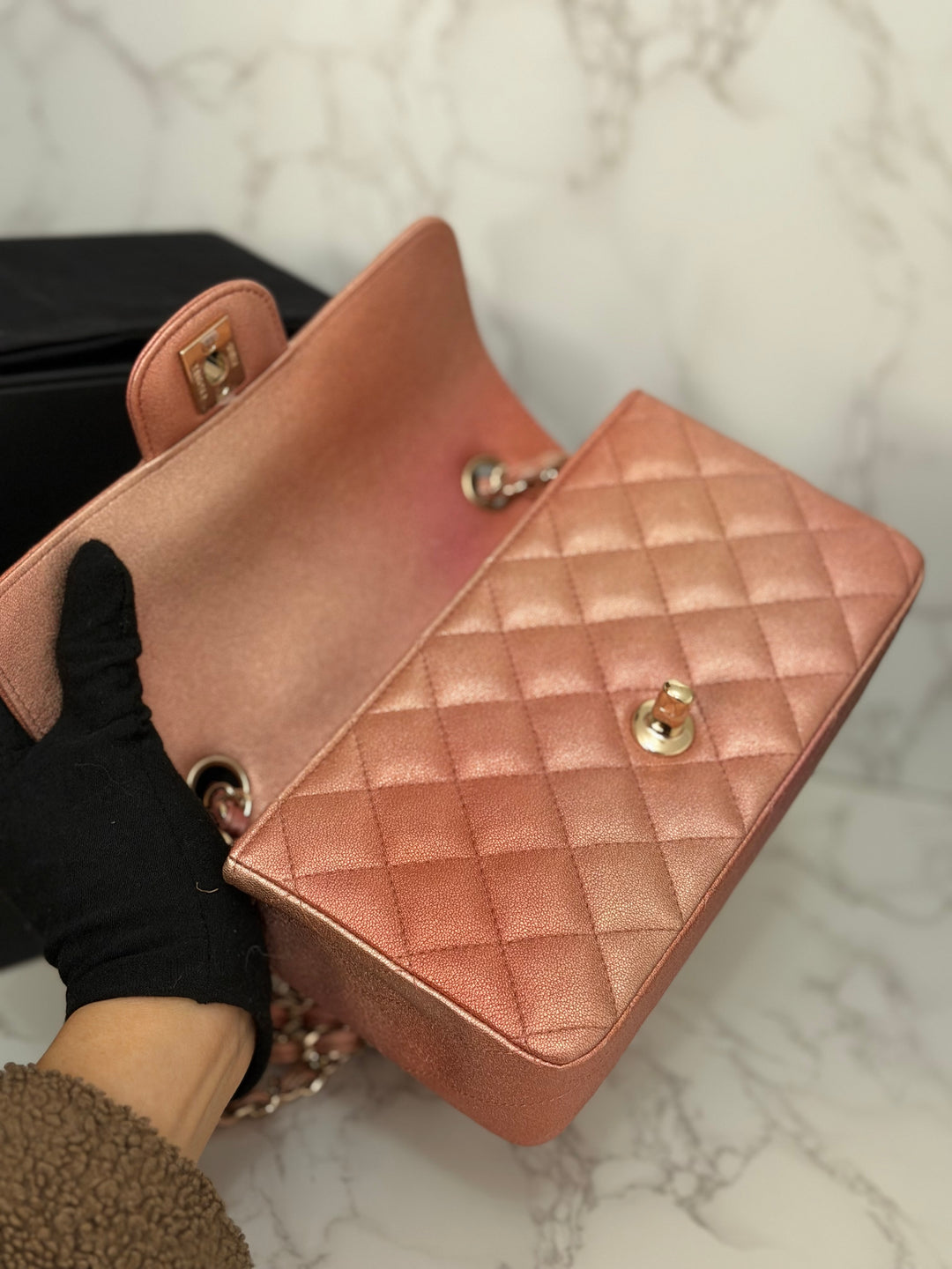 CHANEL 21S Ombré Rose Gold Metallic Copper Lambskin LGHW Mini Rectangular Flap Bag 2021