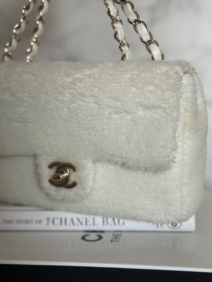 CHANEL series 28 19B White Sequin SMALL Flap Bag LGHW 2019