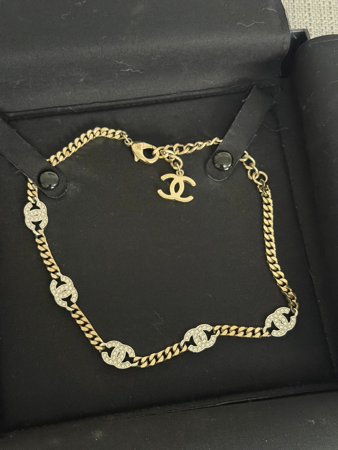 CHANEL Crystal CC Choker Necklace in Silver and Light Gold Hardware