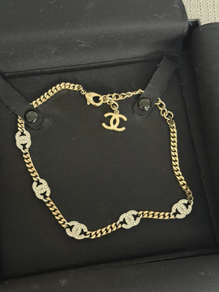 CHANEL Crystal CC Choker Necklace in Silver and Light Gold Hardware