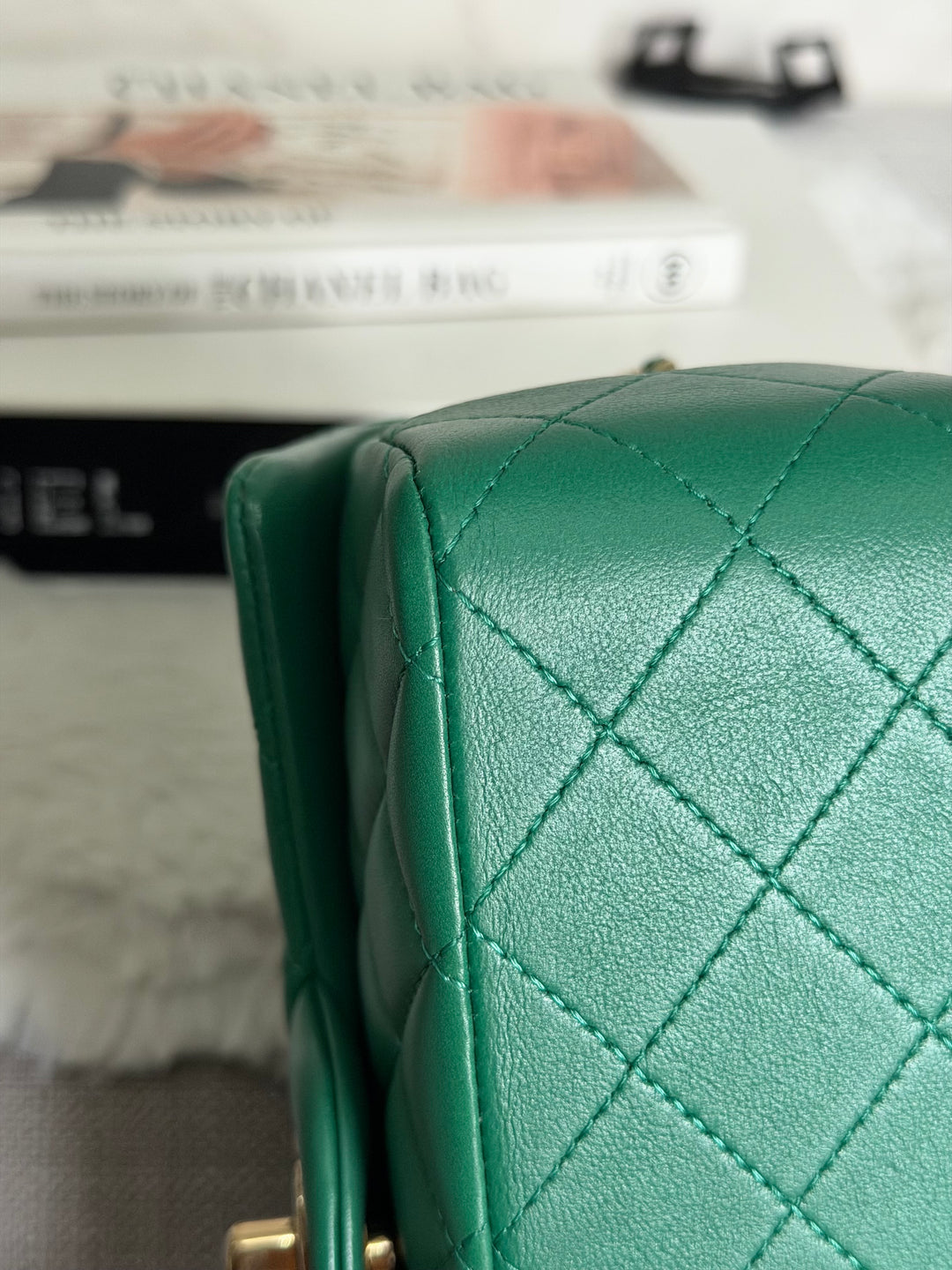 CHANEL Green Lambskin LGHW Mini Rectangular Flap Bag with Top Handle 2022 22A collection
