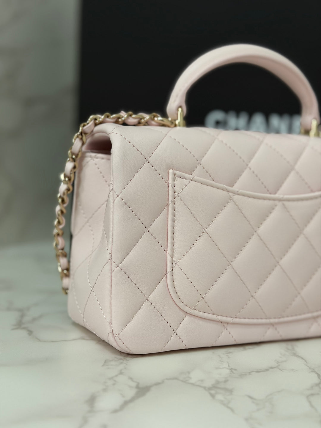 CHANEL 22P 2022 Sakura Light Pink Lambskin LGHW Mini Rectangular Flap Bag with Top Handle