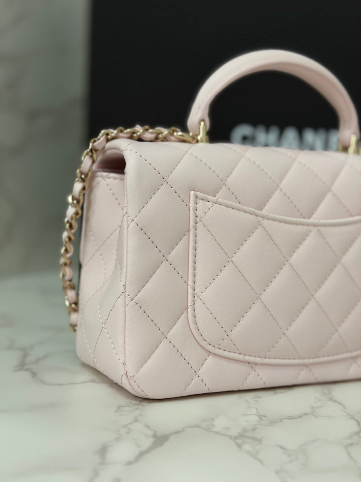 CHANEL 22P 2022 Sakura Light Pink Lambskin LGHW Mini Rectangular Flap Bag with Top Handle