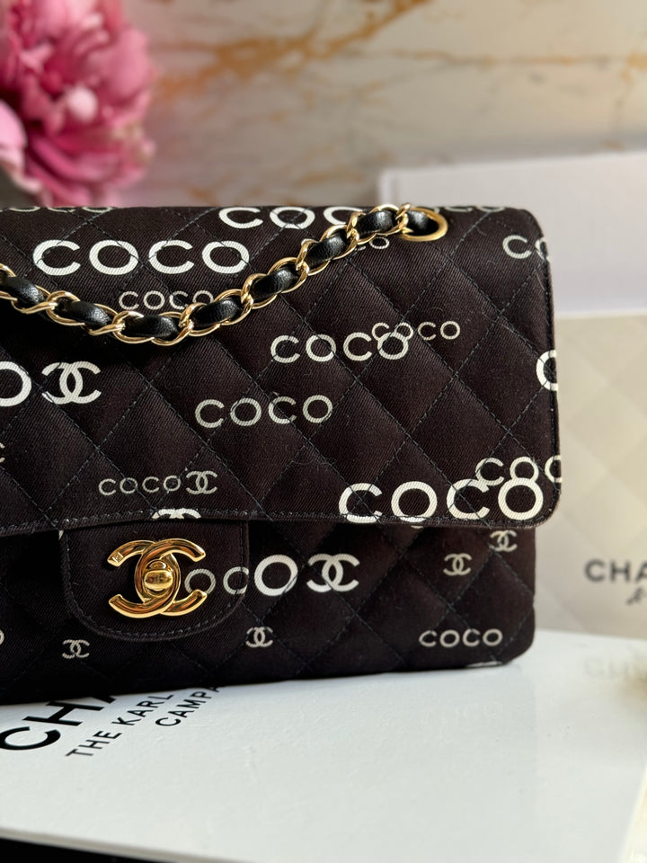 Chanel series 7 2002/2003 Black Canvas Quilted COCO Medium Classic Flap Light Gold Hardware
