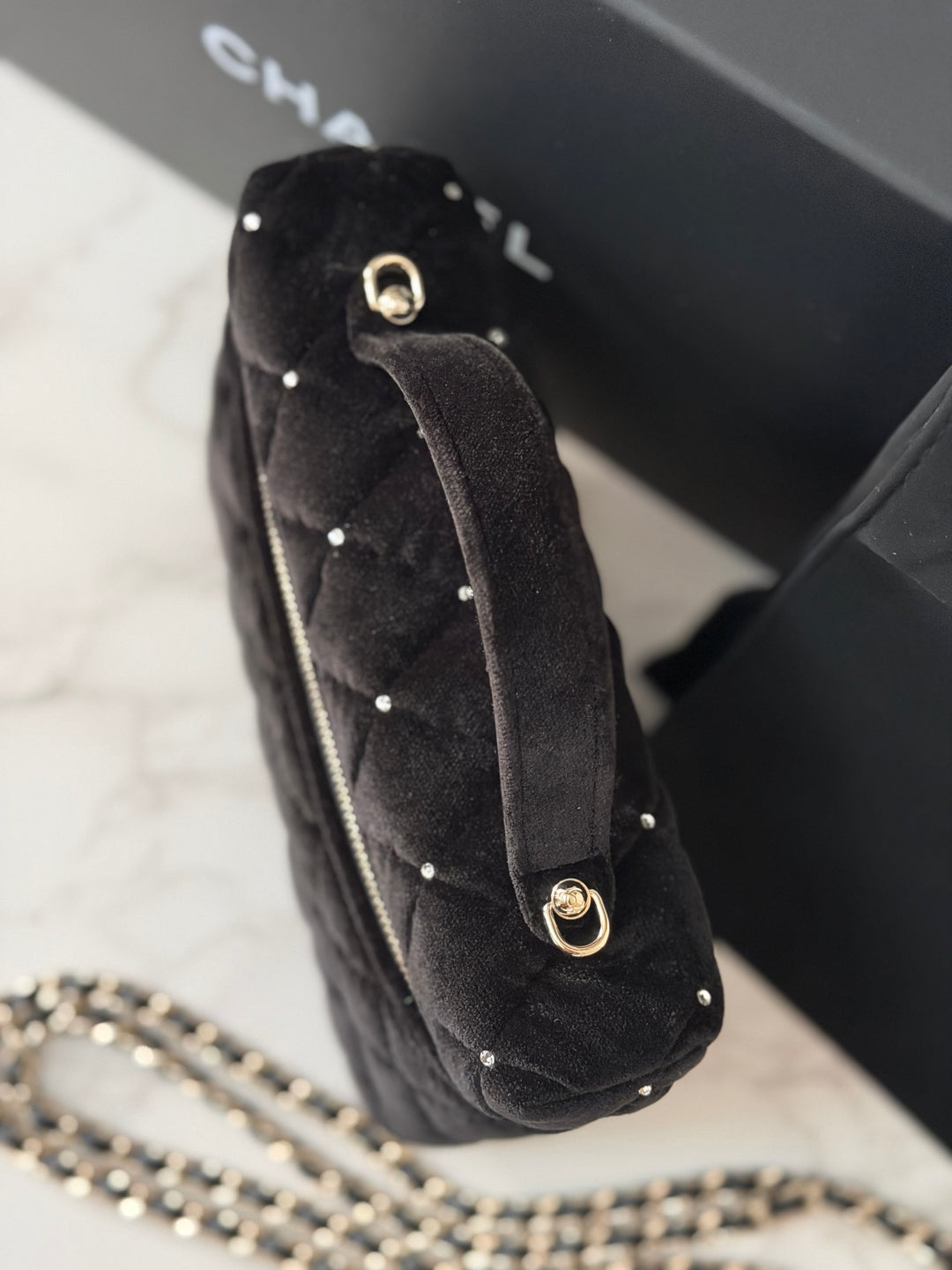 CHANEL 25K 2025 Black Velvet Diamanté Long Vanity with Detachable chain LGHW