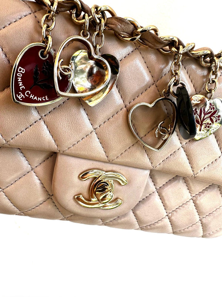 CHANEL Beige Lambskin Valentine East West Flap Bag series 13 with Charms