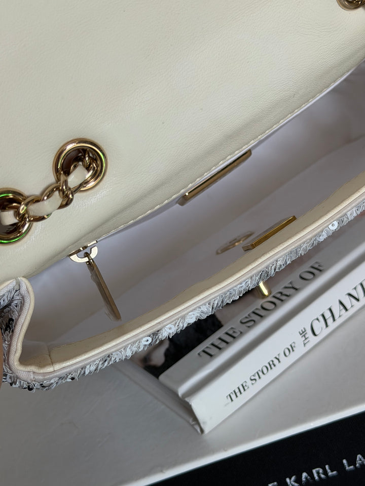 CHANEL 22C White and Black Sequin SMALL Flap Bag LGHW 2022