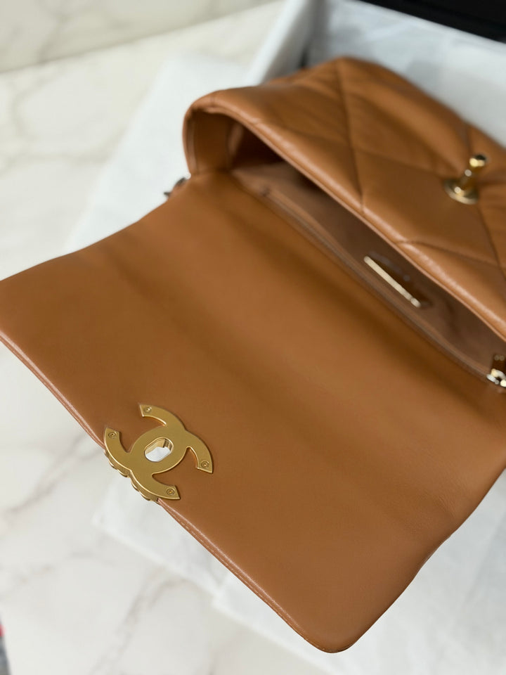 CHANEL Caramel Brown Lambskin Mixed Hardware 19 Size Small Medium Flap bag from 2022