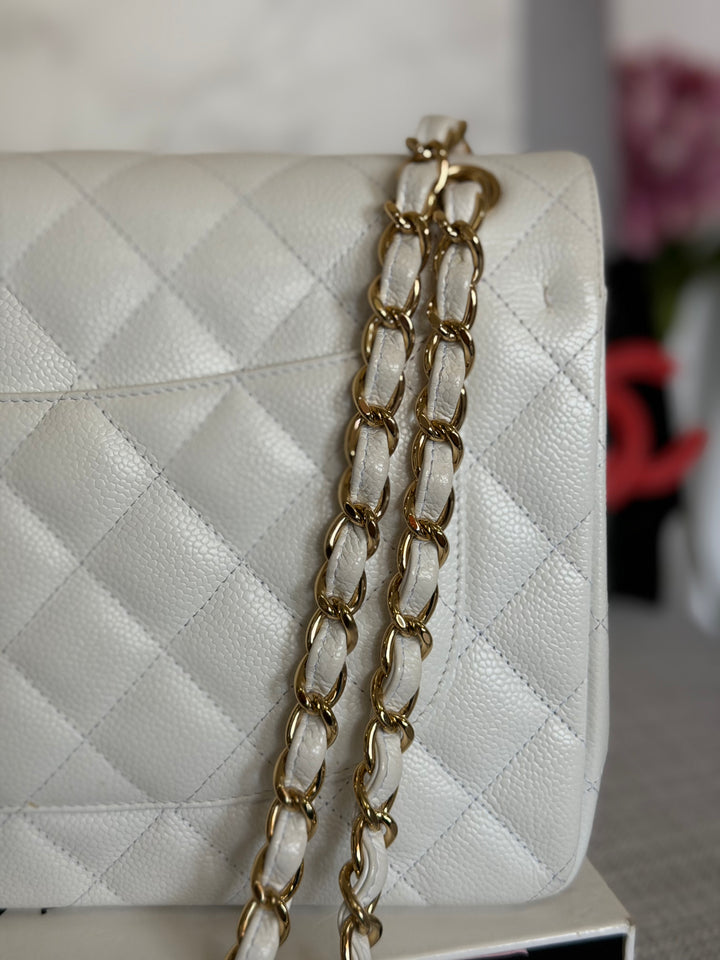 CHANEL White Caviar GHW Jumbo Double Flap Classic Bag 2010