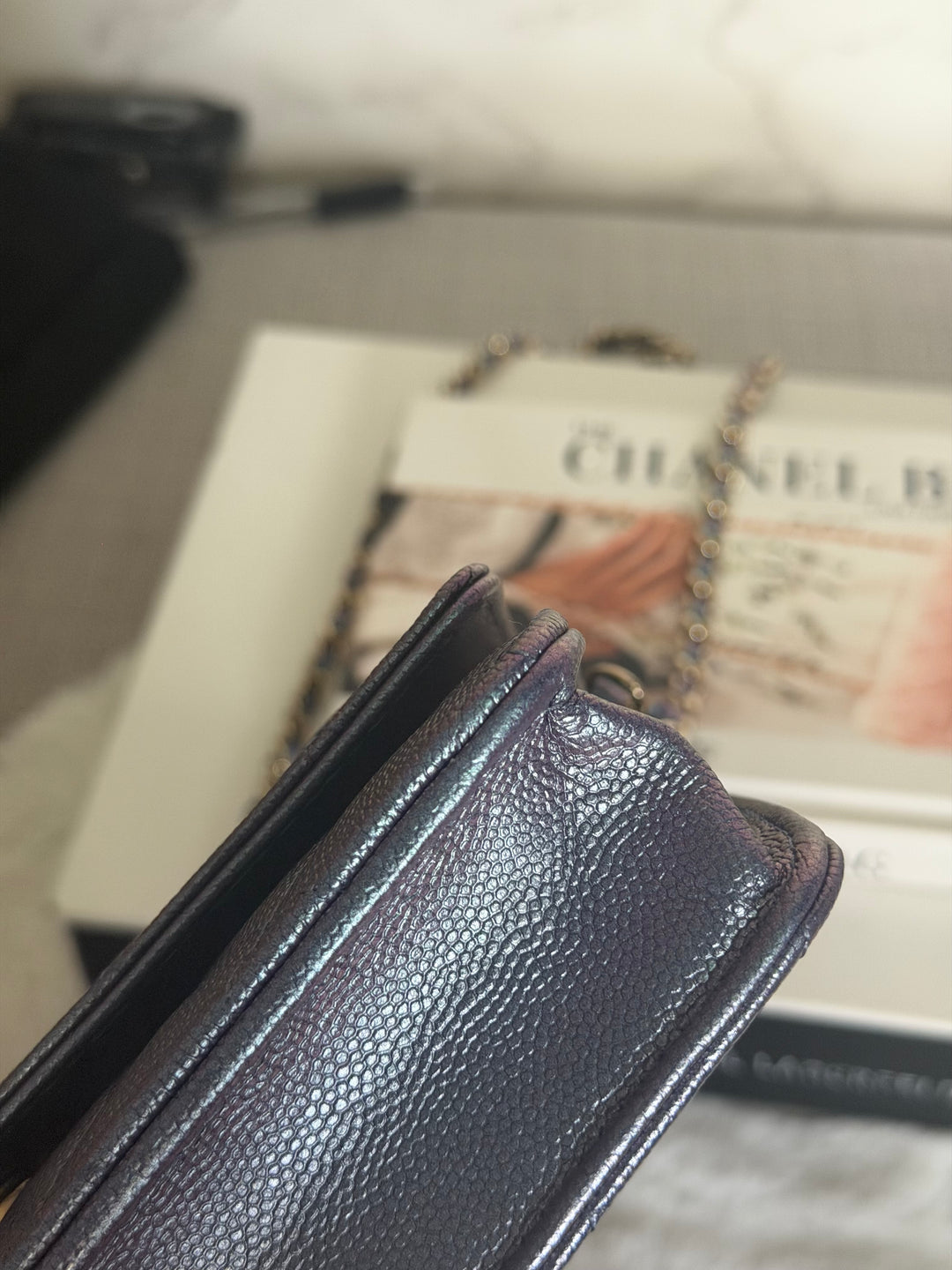 CHANEL 22P Iridescent Purple Caviar LGHW 2022 Classic Wallet On Chain (WOC)