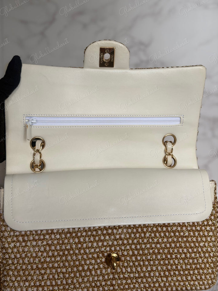 CHANEL series 17 Beige/Ivory Gold Tweed Medium ML Timeless Classic Double Flap Bag 2012 with LGHW
