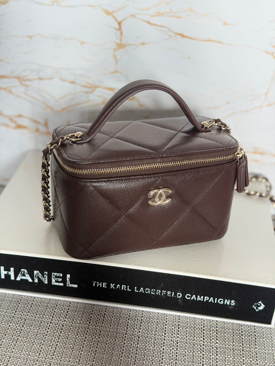 CHANEL 26S Dark Brown Caviar LGHW Small Vanity Case with Top Handle