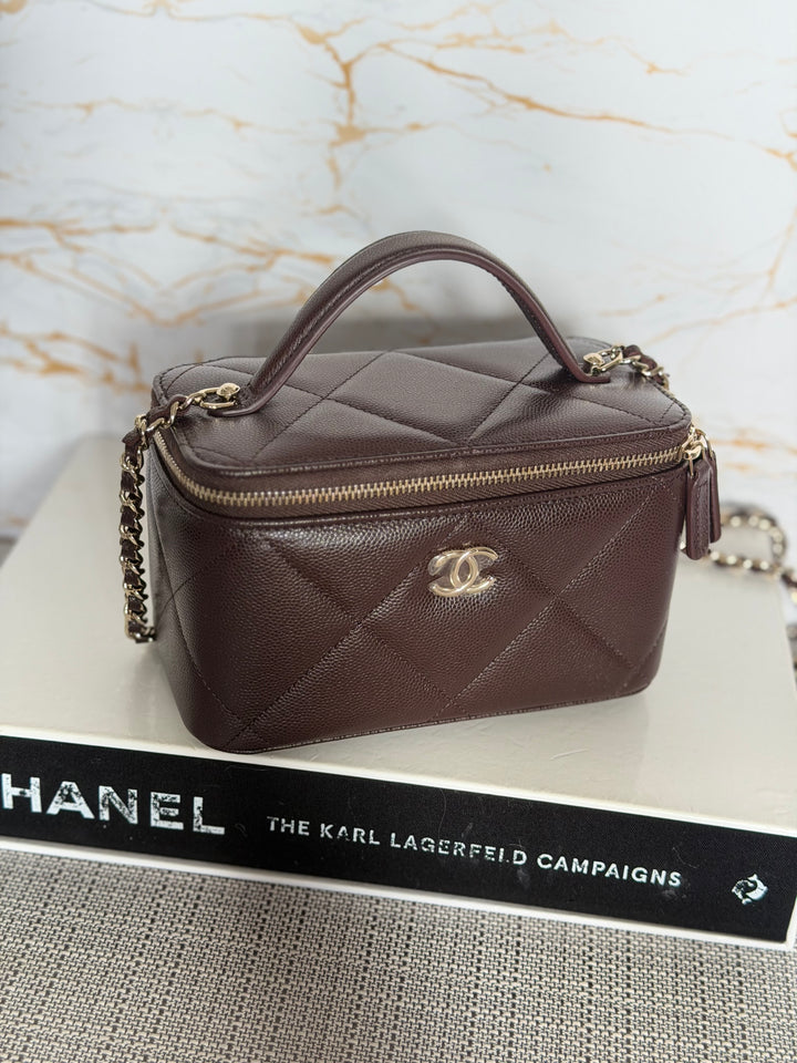 CHANEL 26S Dark Brown Caviar LGHW Small Vanity Case with Top Handle