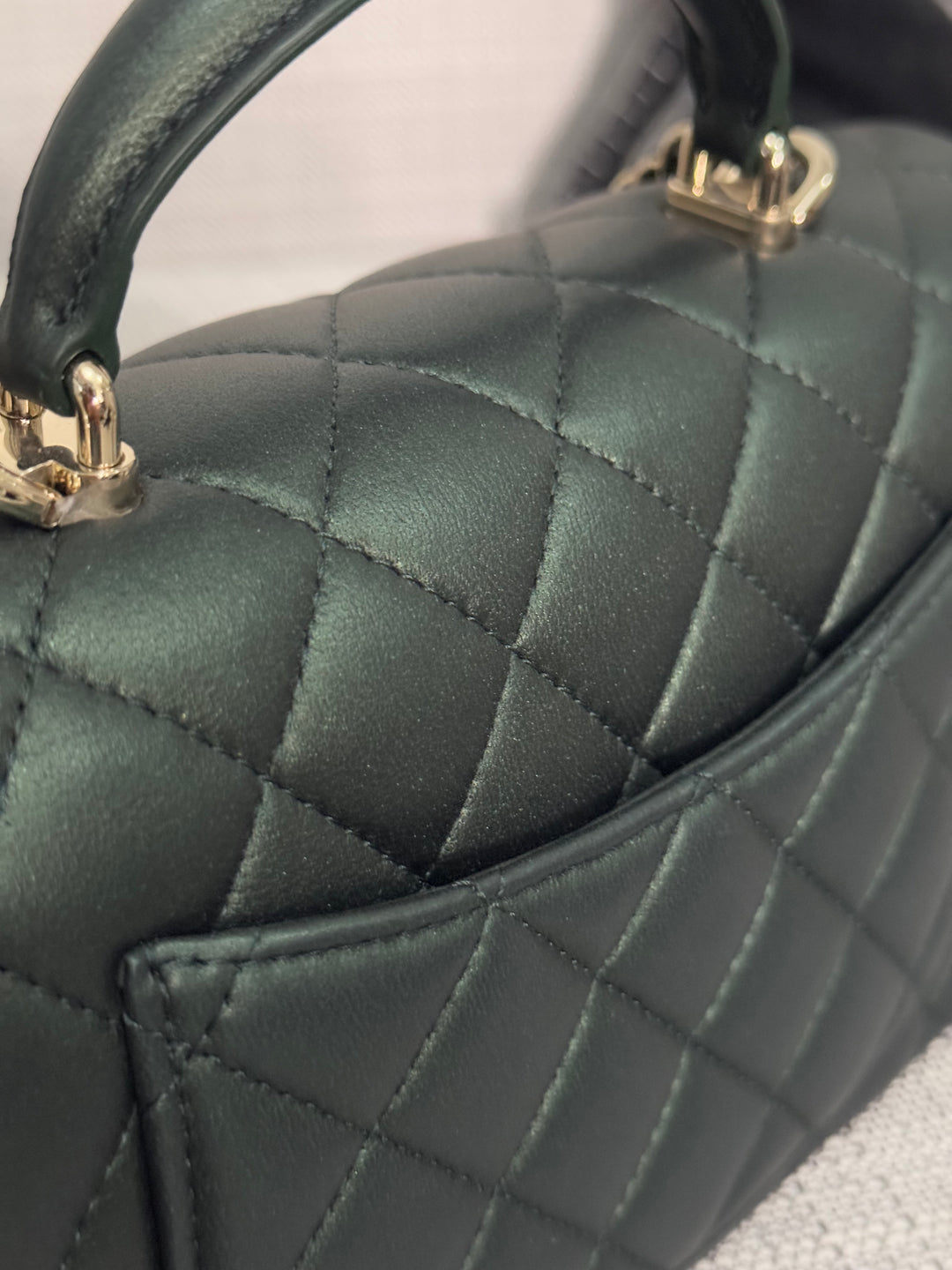 Chanel Iridescent Dark Green Lambskin Mini Rectangular Flap Bag with Top Handle and Champagne GHW