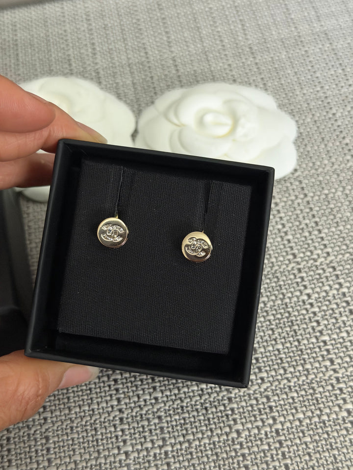CHANEL 2024 Light Gold Round Earrings with Crystals 0.5 cms diameter