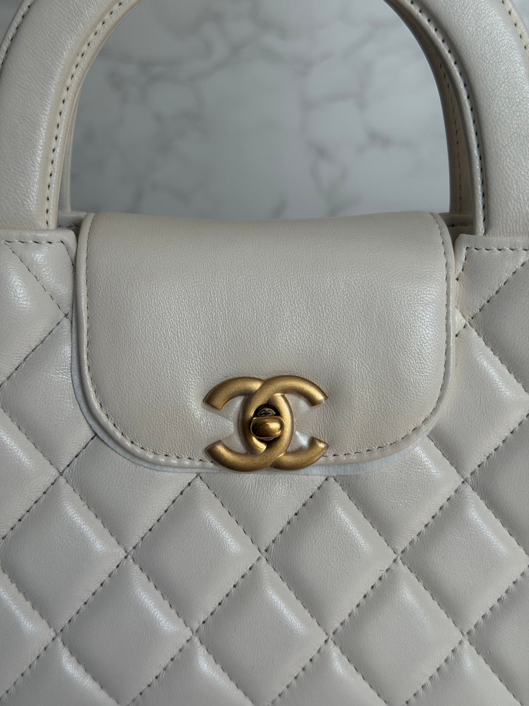 CHANEL White Calf skin Aged GHW Kelly Shopping Bag Size Small 2026