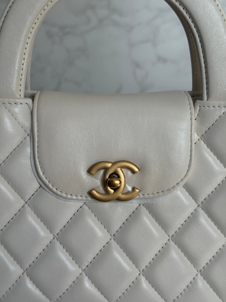 CHANEL White Calf skin Aged GHW Kelly Shopping Bag Size Small 2026
