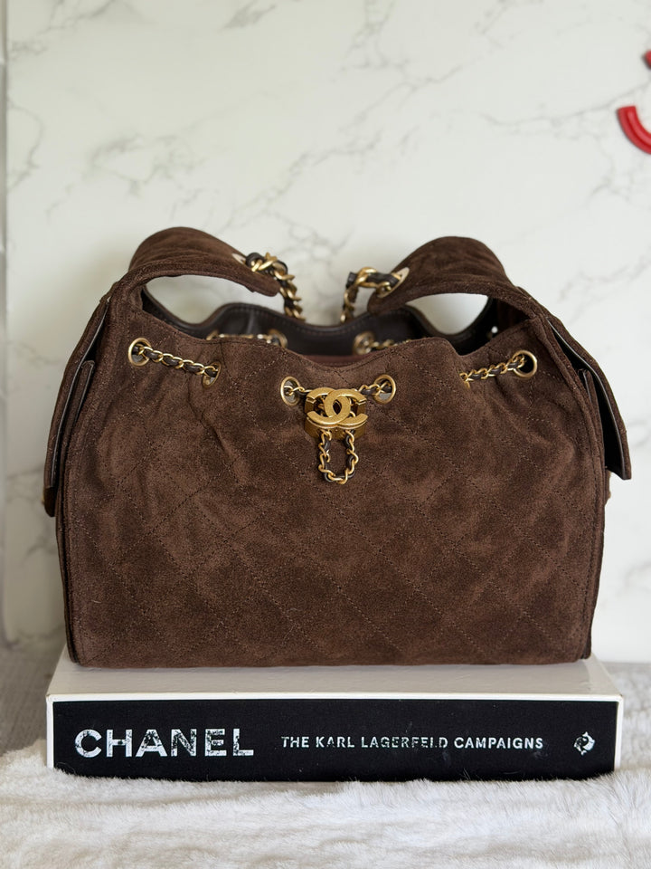 CHANEL 25K Dark Chocolate Brown Suede Aged GHW 25 Hobo Bag size SMALL 2025
