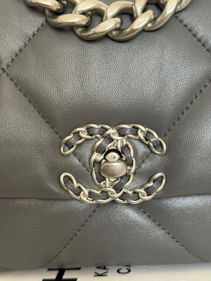 CHANEL Dark Grey Lambskin 19 Size SMALL/MEDIUM Mixed HW Flap Bag 2022 Microchipped